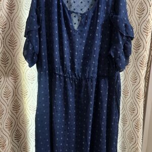 BloomChic Navy Dot Flutter Sleeve Midi Dress